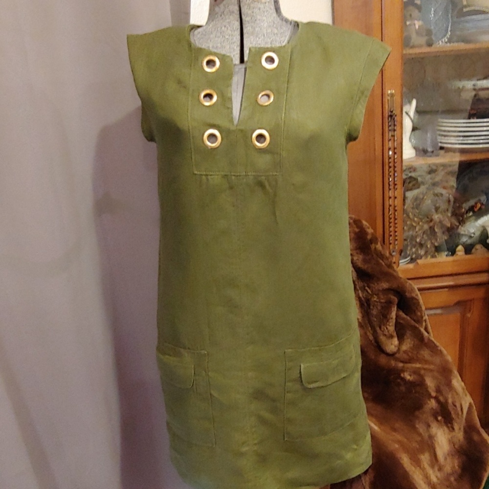 J Crew Green Linen Shift Dress W/ Grommets - Picture 2 of 7